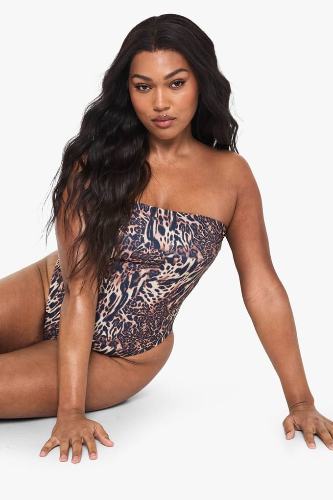 boohoo Dames Plus Swimwear Essentials Luipaard Bandeau Badpak | Luipaardprint | Maat: 56