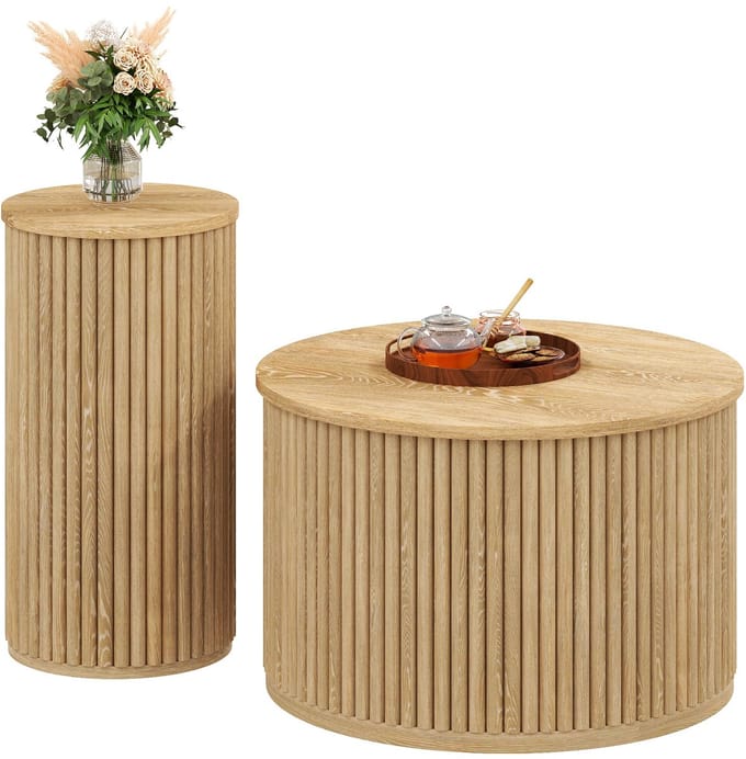 Salontafel - Set van 2 - Rond en Houten Latten - Multifunctioneel en Modern - Hout - Naturel