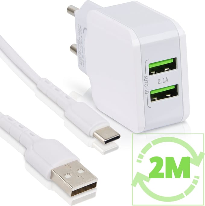 2 Poorten USB Lader + USB-C Kabel - 12W Oplader - 2 Meter