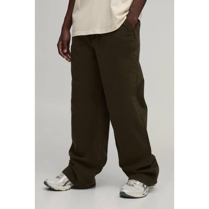 Plus Wide Fit Broek met Half & Half Tailleband van gewassen twill | Khaki | Size Small