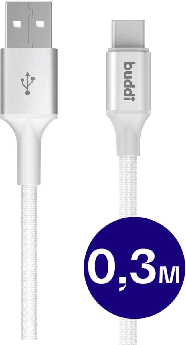 Buddi Flex | USB-A naar USB-C Kabel 12W Fast Charge 5V/2.4A | 480Mbps Dataoverdracht | Gevlochten Nylon | 0,3M | Wit