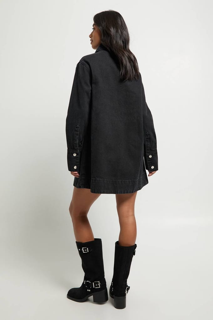boohoo Dames Petite denim jurk met lange mouwen | Washed Black | Maat: 34