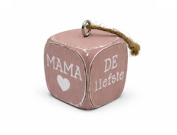 Dobbelsteen hanger 4,5x4,5cm mama de liefste roze