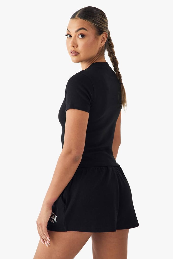 Dames Dsgn Studio Geborduurd Geribbeld Short | Zwart | Maat: 34