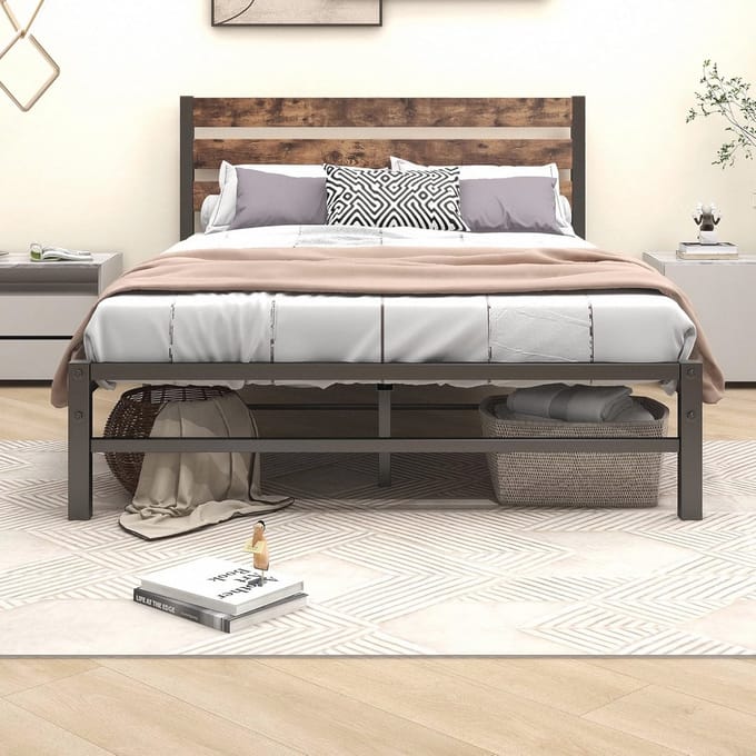 Metalen Bedframe Dubbel Zwart Rustiek Bruin