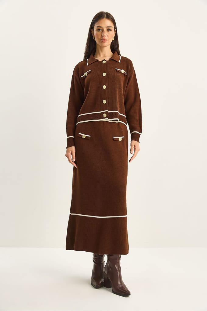 Geribbelde Breigoed Midi Twee-Piece Set met Knoopsluiting