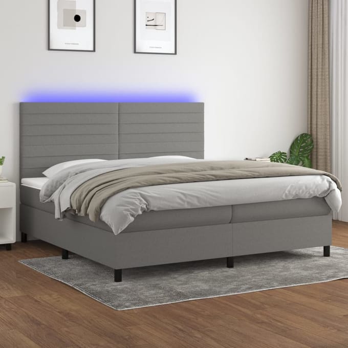 vidaXL - Boxspring - met - matras - en - LED - stof - donkergrijs - 200x200 - cm