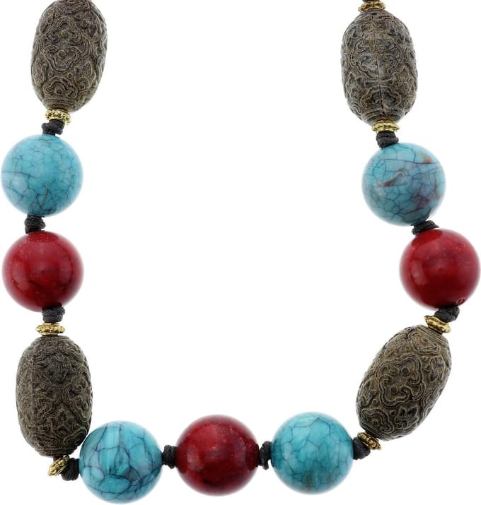 Behave - Ketting met turquoise, rode en bruine kralen - 60 cm