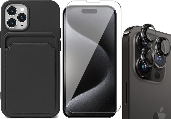 Hoesje Pasjeshouder geschikt voor iPhone 15 Pro Max - Screenprotector GlassGuard + Camera Lens Screen Protector Zwart - Siliconen Case Back Cover Zwart