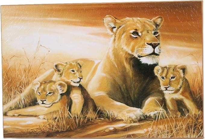 PIA Soft Toys schilderij Leeuwin + 3 welpjes - 43 cm x 57 cm
