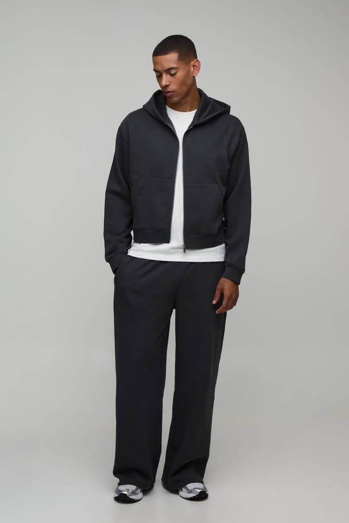Oversized Gekrompen Zip-through Hoodie En Wijde Pijp Joggingbroek | Charcoal | Size Medium