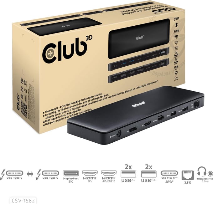 Club 3D 12-in-1 - docking station - USB-C / USB4 / Thunderbolt 3 / Thunderbolt 4 - 2 x HDMI DP Thunderbolt 4 - 2.5GbE