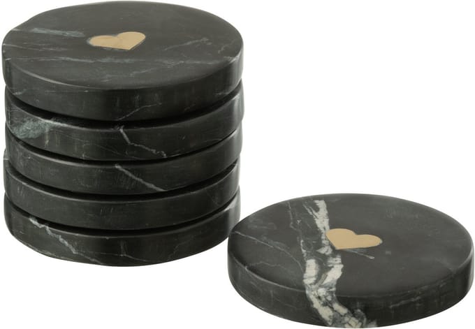 J-Line onderzetter Hart - glas - zwart/goud - doos van 6