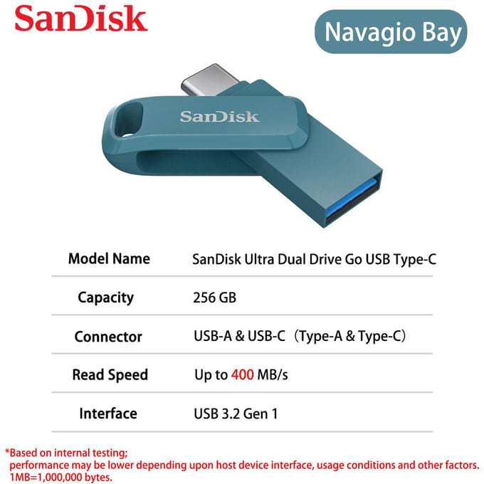 SANDISK Ultra Dual Drive Go - Donkerblauw - 256GB - USB-stick