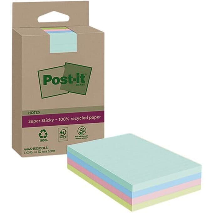Post-it® sticky notes Super Sticky Recycling Notes 4645-RSSCOL14, gelinieerd, B 102 x D 152 mm, gekleurd, PEFC® papier, 12 pads, 70 vellen/pad