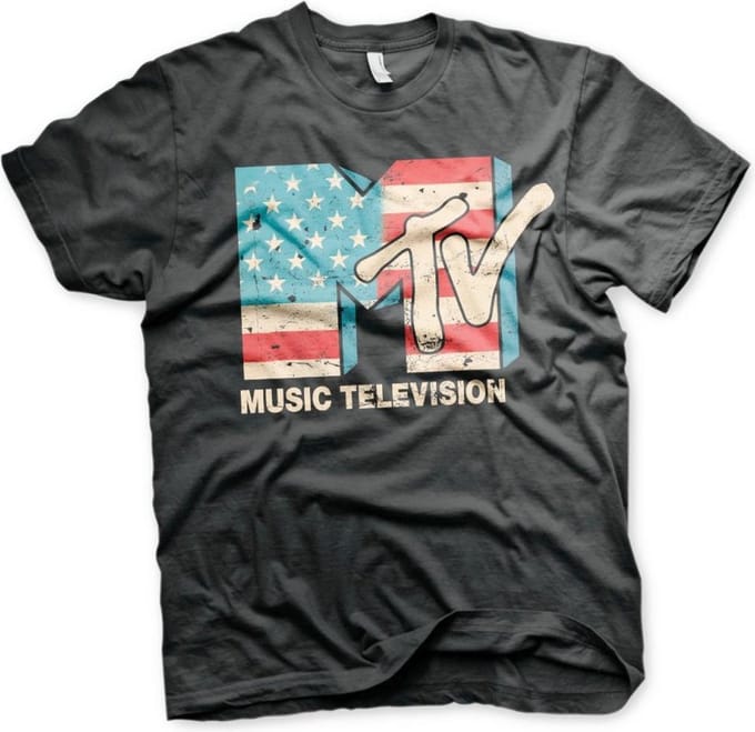 MTV Heren Tshirt -S- Distressed USA Flag Zwart