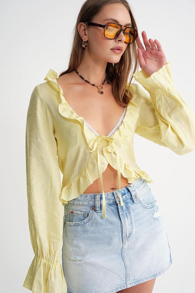Rimpelige V-hals Lange Mouw Korte Blouse