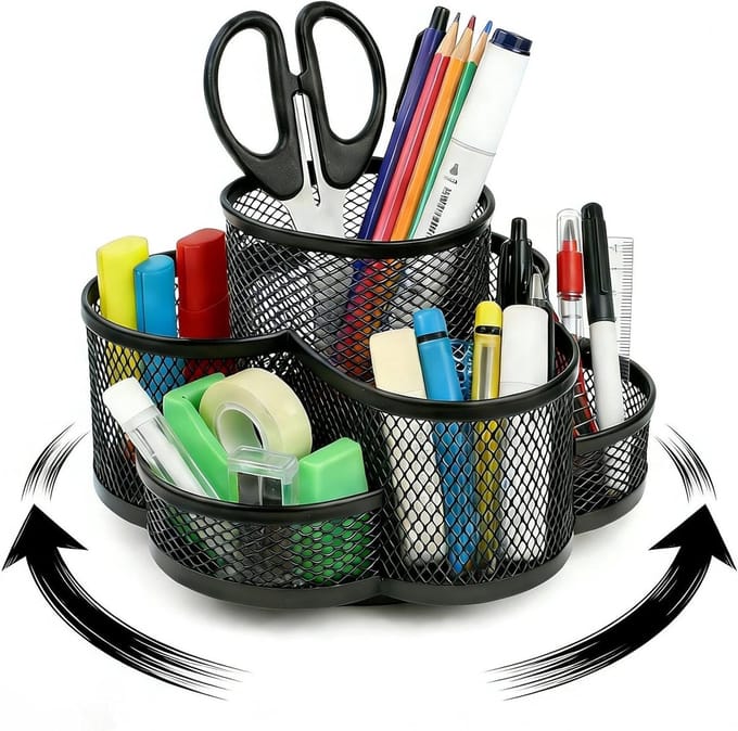 Rotating Pen Holder voor Bureau met 7 Compartimenten, Antislip Pads en Mesh Design voor Efficiënte Organisatie
