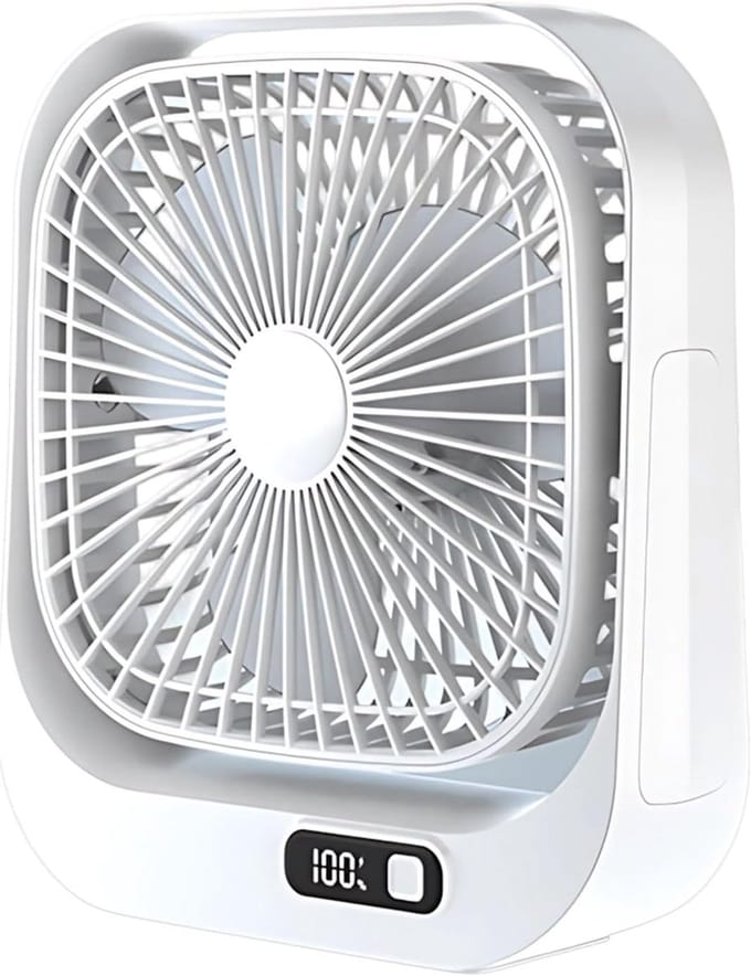 VHV - Bureauventilator - Oplaadbare mini ventilator met LED-display - 3 standen en 360° draaibaar - Wit