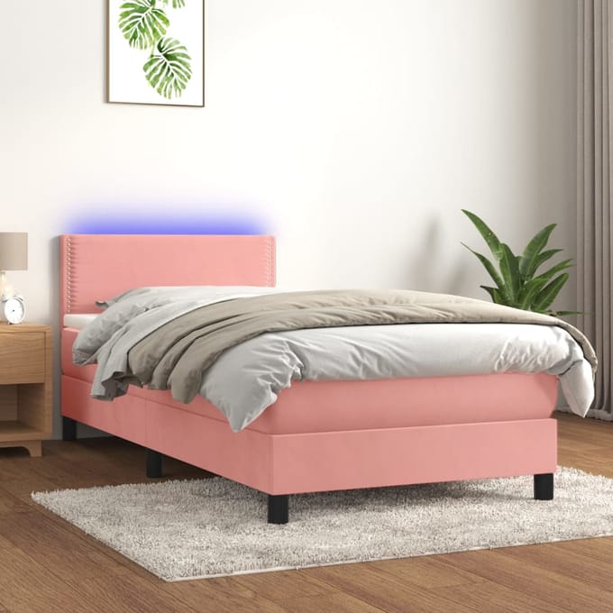 vidaXL - Boxspring - met - matras - en - LED - fluweel - roze - 100x200 - cm
