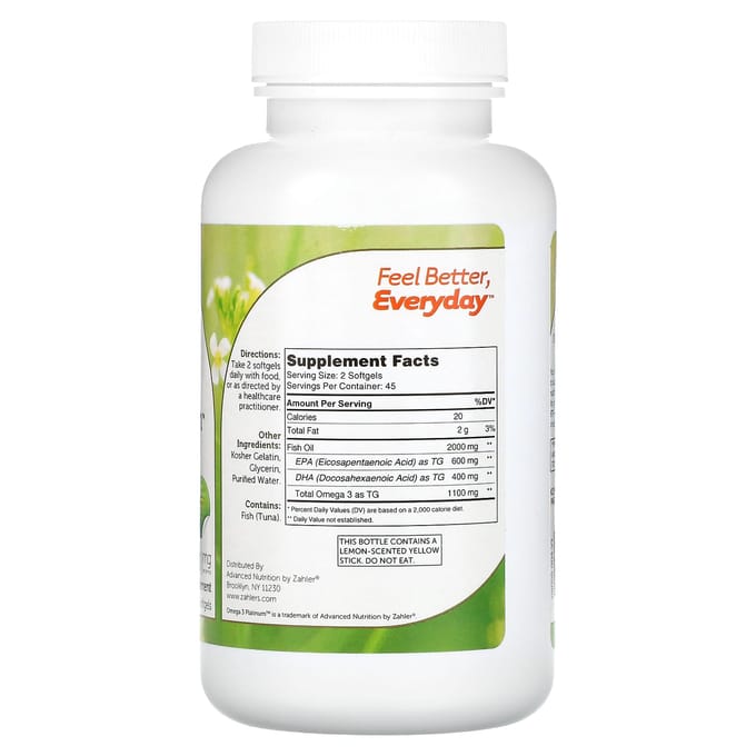 Omega 3 Platinum, Premium Omega 3 Visolie, 2.000 mg, 90 Softgels (1.000 mg per softgel)