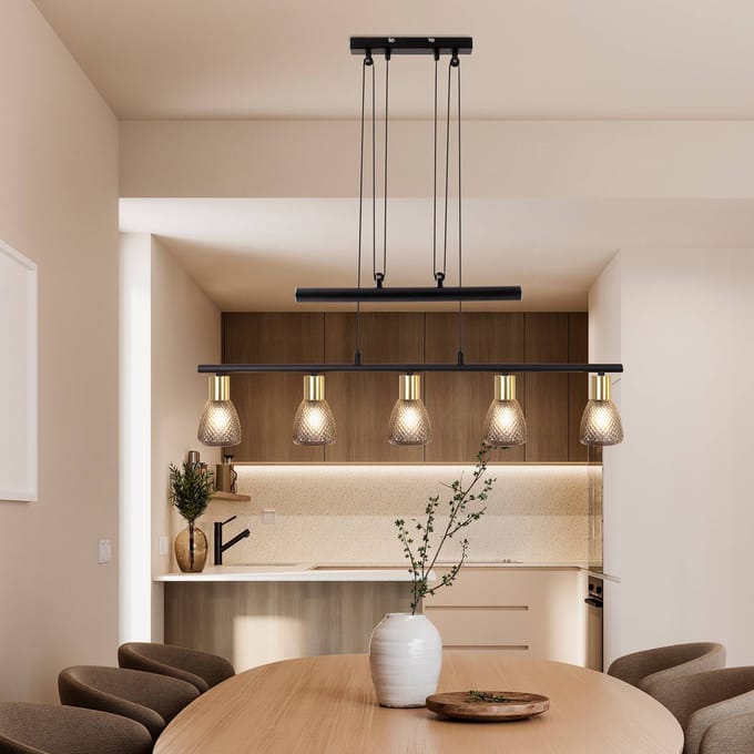Näve Hanglamp Lindita, 5-lamps, glas, rookgrijs, E14, verstelbaar
