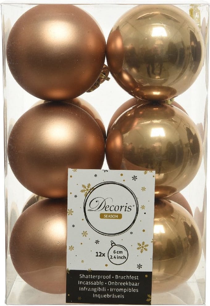 Decoris Kerstballen - 12x st - camel bruin - D6 cm - kunststof - mat/glans - kerstversiering