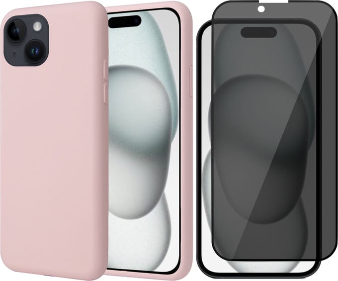 Hoesje geschikt voor iPhone 15 Plus - Privacy Screen Protector FullGuard - Back Cover Case SoftTouch Roze & Screenprotector