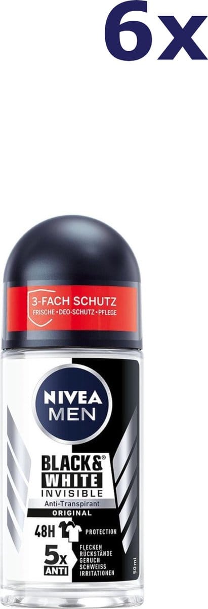 6x Nivea men Anti-Transpirant Roll-on Black & White Invisible 50ML