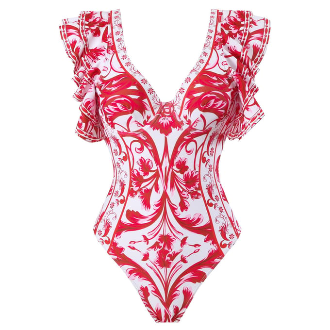 Nieuw Sexy Eendelig Badpak Dames Bedrukt Tweedelig Chiffon Rok Badpak Set M red