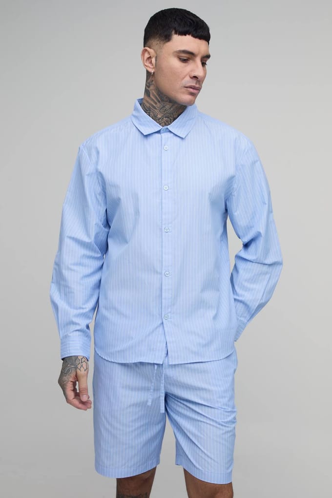 Tall Gestreepte Poplin Oversized Shirt Met Gebogen Zoom & Baggy Short Set | Blue | Size Medium