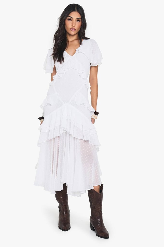 boohoo Dames Dobby Frill Detail Maxi Jurk | Ivoor | Maat: 38