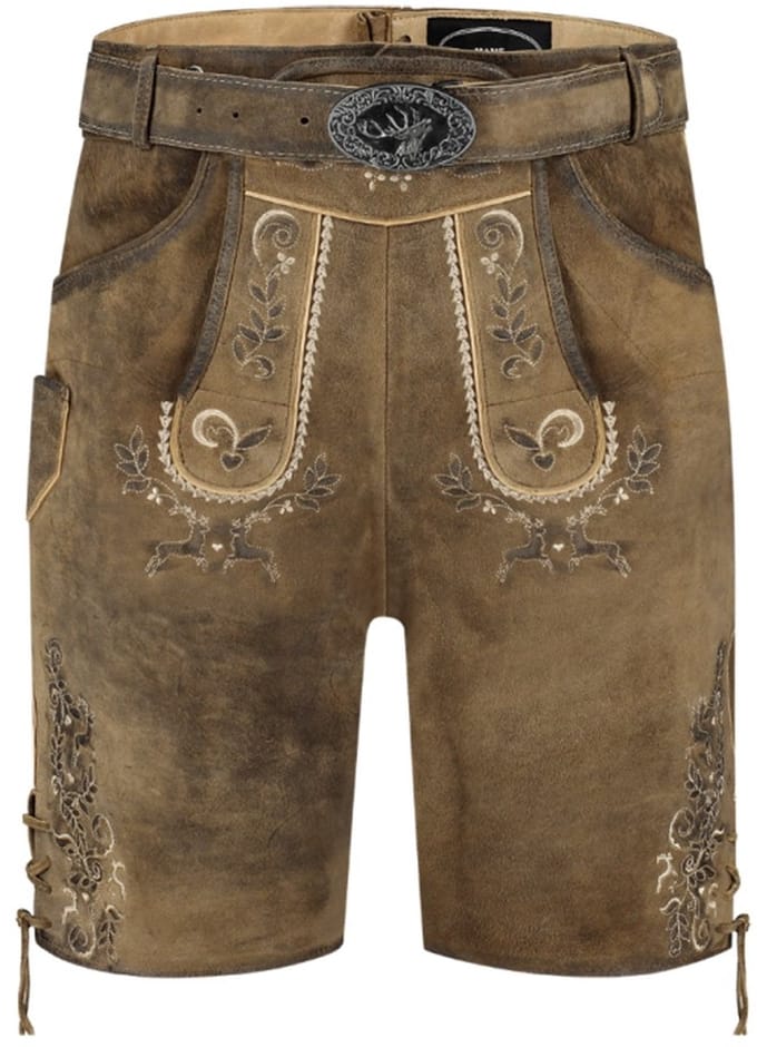 Oktoberfest Lederhose Kort Antik Eik Bruin, met Riem - Maat 52