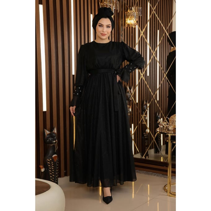 Steen Detailed Glitterend Chiffon Avondjurk Zwart