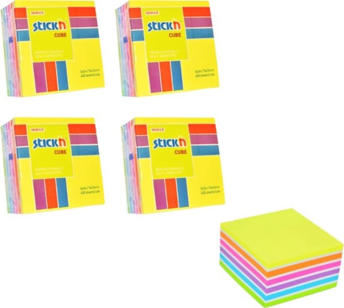Stick'n Memokubus sticky notes - 4 pack - 76x76mm, regenboog, 1600 memoblaadjes