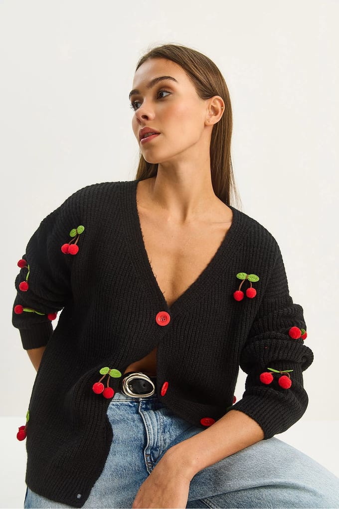 V-hals Fruit Geborduurde Brei Cardigan