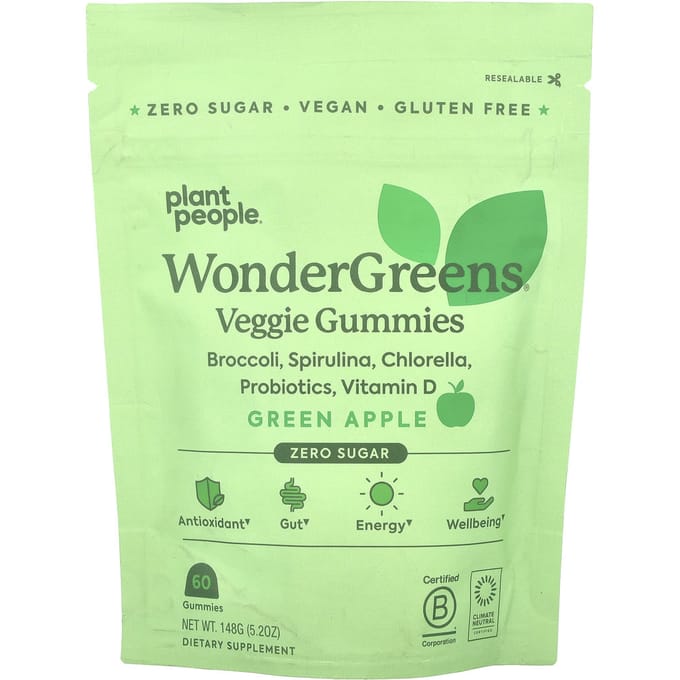 Plant People, wonderGreens®, veggie gummies, green apple, 60 gummies
