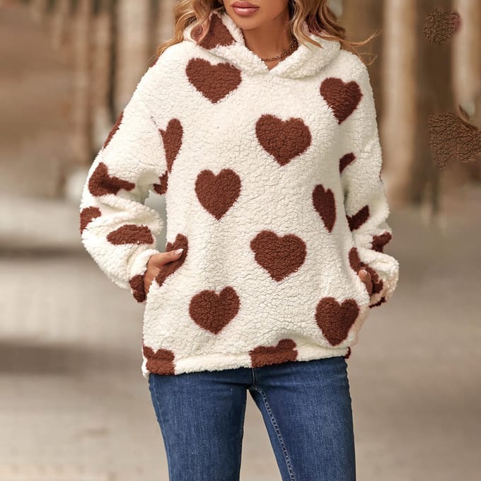 Dames Pluche Liefde Bedrukt Losse Lange Mouw Ronde Hals Pullover Sweatshirt S kaki