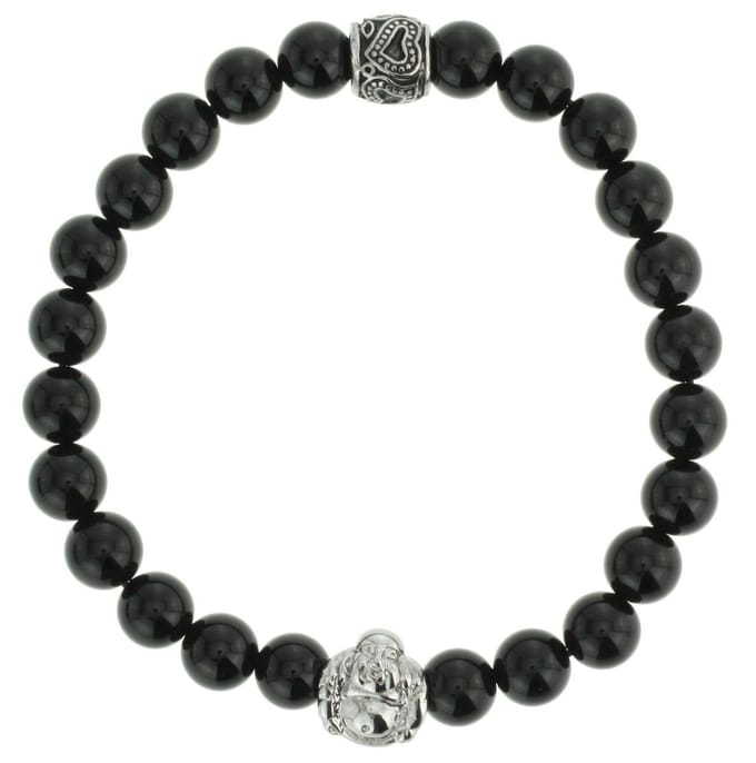 Behave Zwarte elastische heren armband met boeddha van edelstaal en halfedelsteen