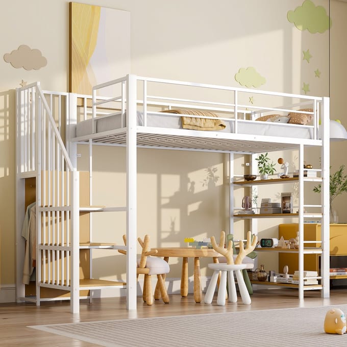 REDOM Bedframe 90x200 cm – Hoogslaper met trap, kleerkast & opbergruimte – Metaal/MDF – Wit