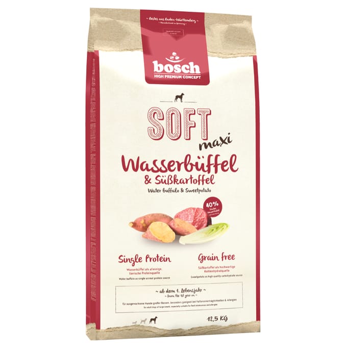 Dubbelpak 2 x 12,5kg Bosch HPC Soft Maxi waterbuffel & Zoete aardappel droogvoer voor honden