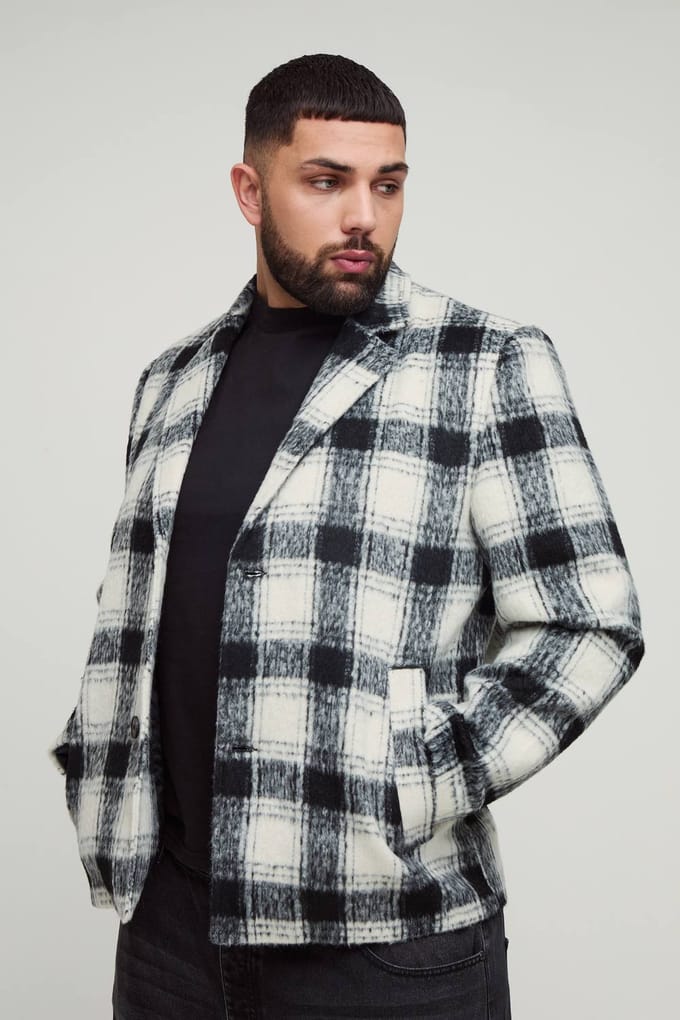 Plus Boxy Oversized Geborstelde Geruite Overjas | Black | Size 2XL