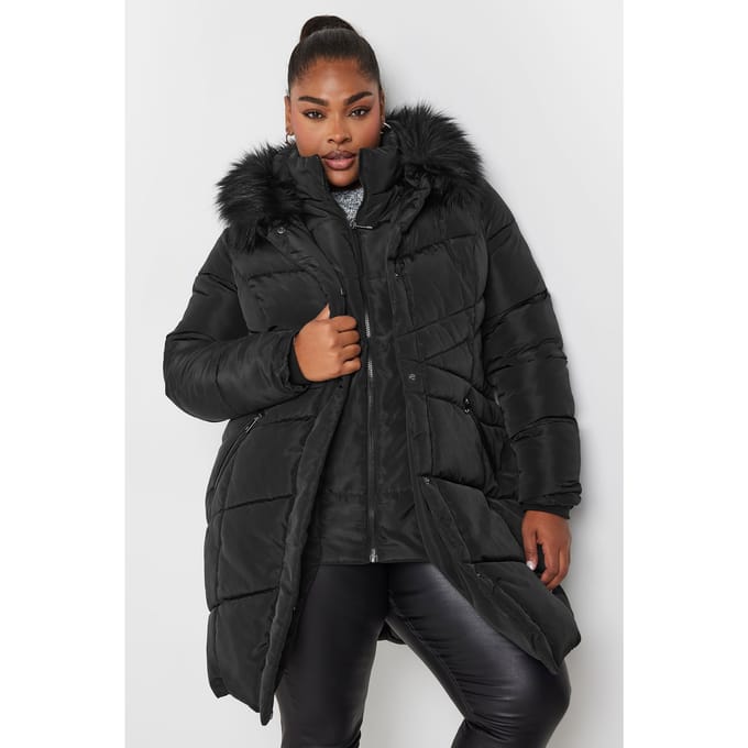 Yours Gewatteerde Midijas Met Capuchon Met Rand Van Imitatiebont In Zwart Size 46