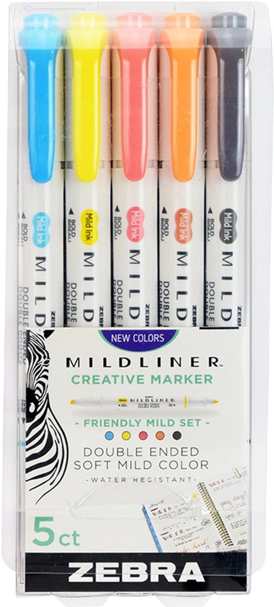 Zebra Mildliner Friendly Mild Set – Creative marker – Twinmarker – Tekstmarker – Brede + ronde punt – 5 stuks