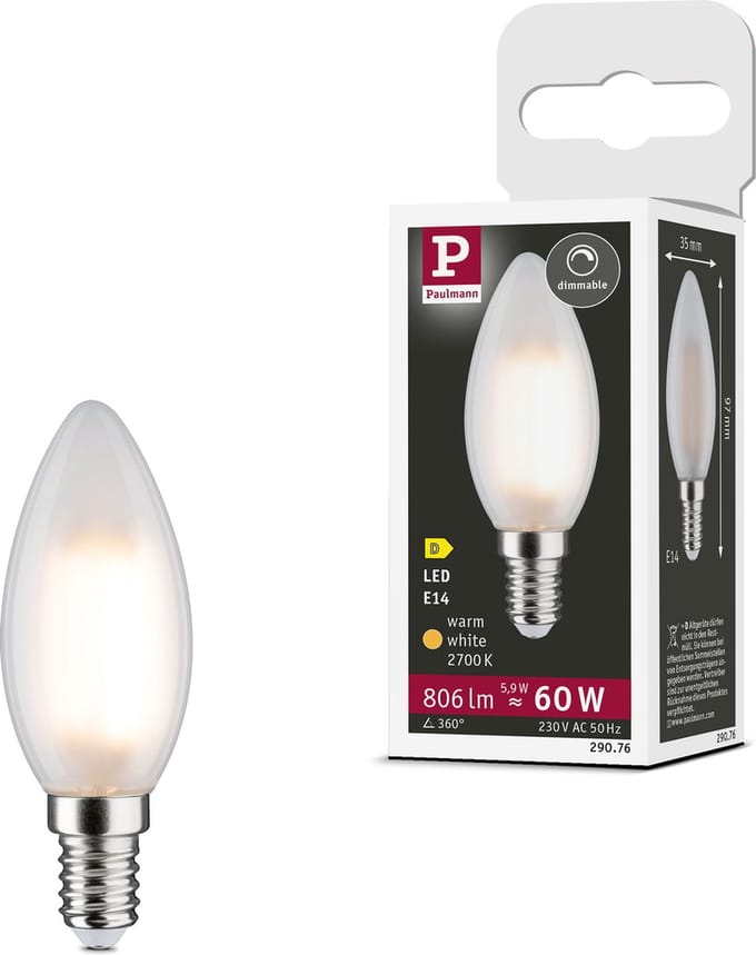 Filament 230 V LED kaars E14 806lm 5,9W 2700K dimbaar Mat