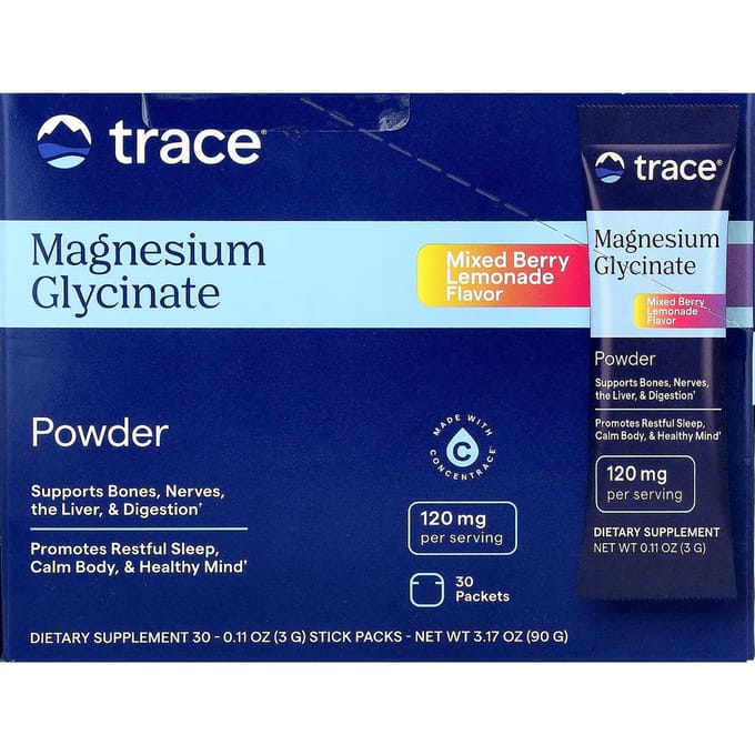 Trace, Poudre de Glycinate de Magnésium, Limonade Baies Mélangées, 30 Sachets Stick, 3g (0,11 oz) Chaque
