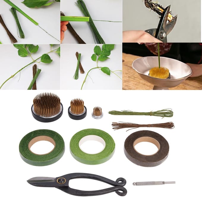 Bloemschikdecoratie Fixeergereedschapsset IJzerdraad Schaar Tape Kenzan Accessoires Kit beige