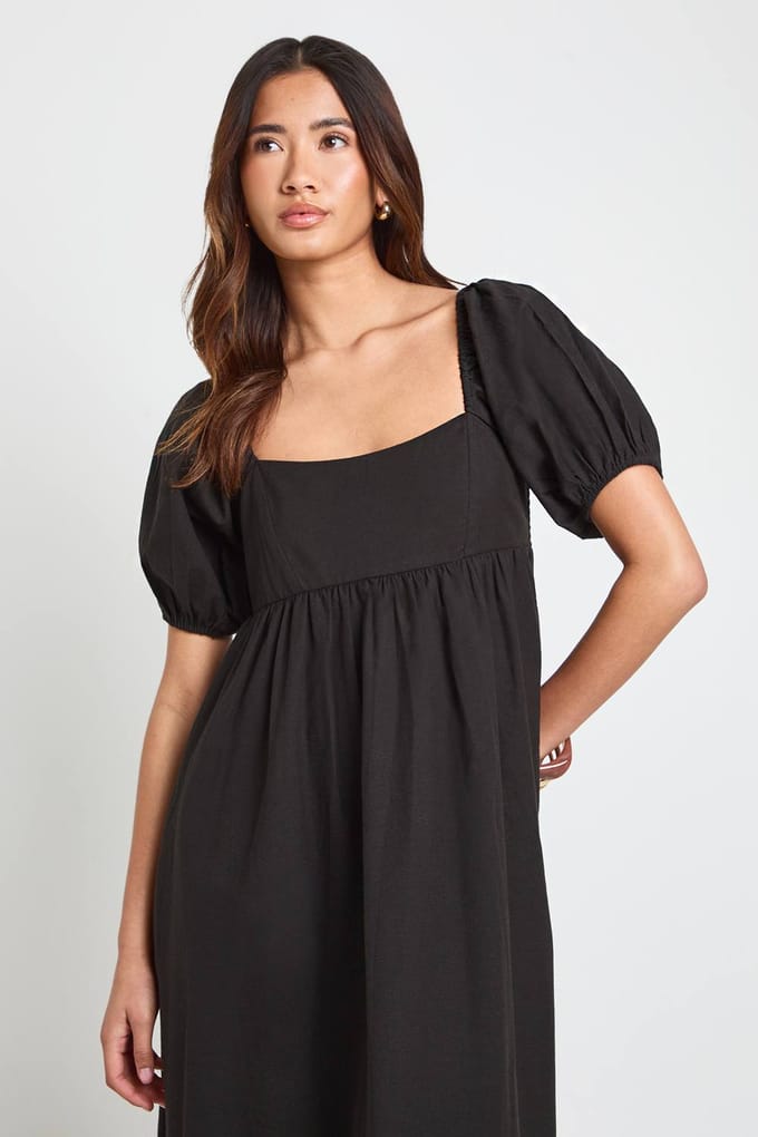 boohoo Dames Linnen Pofmouw Gesmockte Maxi Jurk | Zwart | Maat: 36