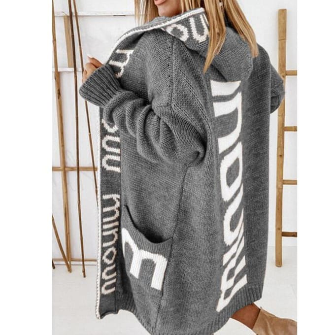 Gebreide trui Winter Medium Lengte Cardigan Letter Capuchon Gebreide Damestrui S gray