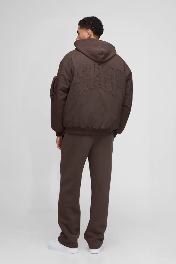 Bomberjack met capuchon in oversized pasvorm met PU-applique van nylon | Chocolate | Size XS